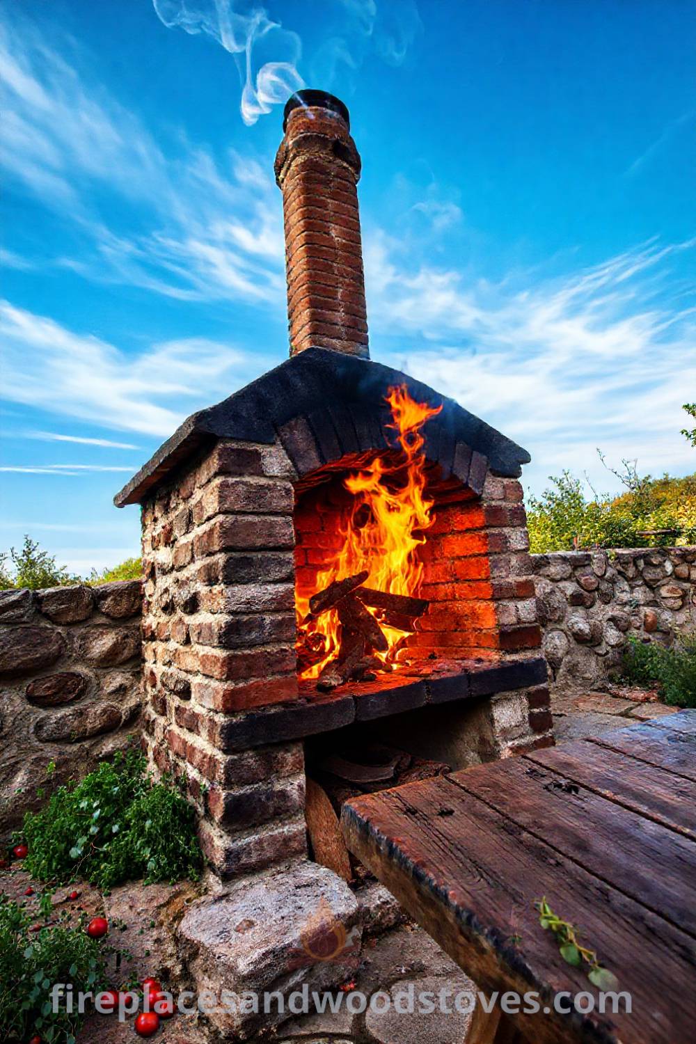 Wood-fired barbecue on a stone patio with crackling fire, illuminated aged bricks, nearby herbs and ripe tomatoes, creating a cozy and inviting outdoor space for gatherings. Visit patioandhomefurniture.com for stylish designs transforming your backyard into an incredible entertaining space.