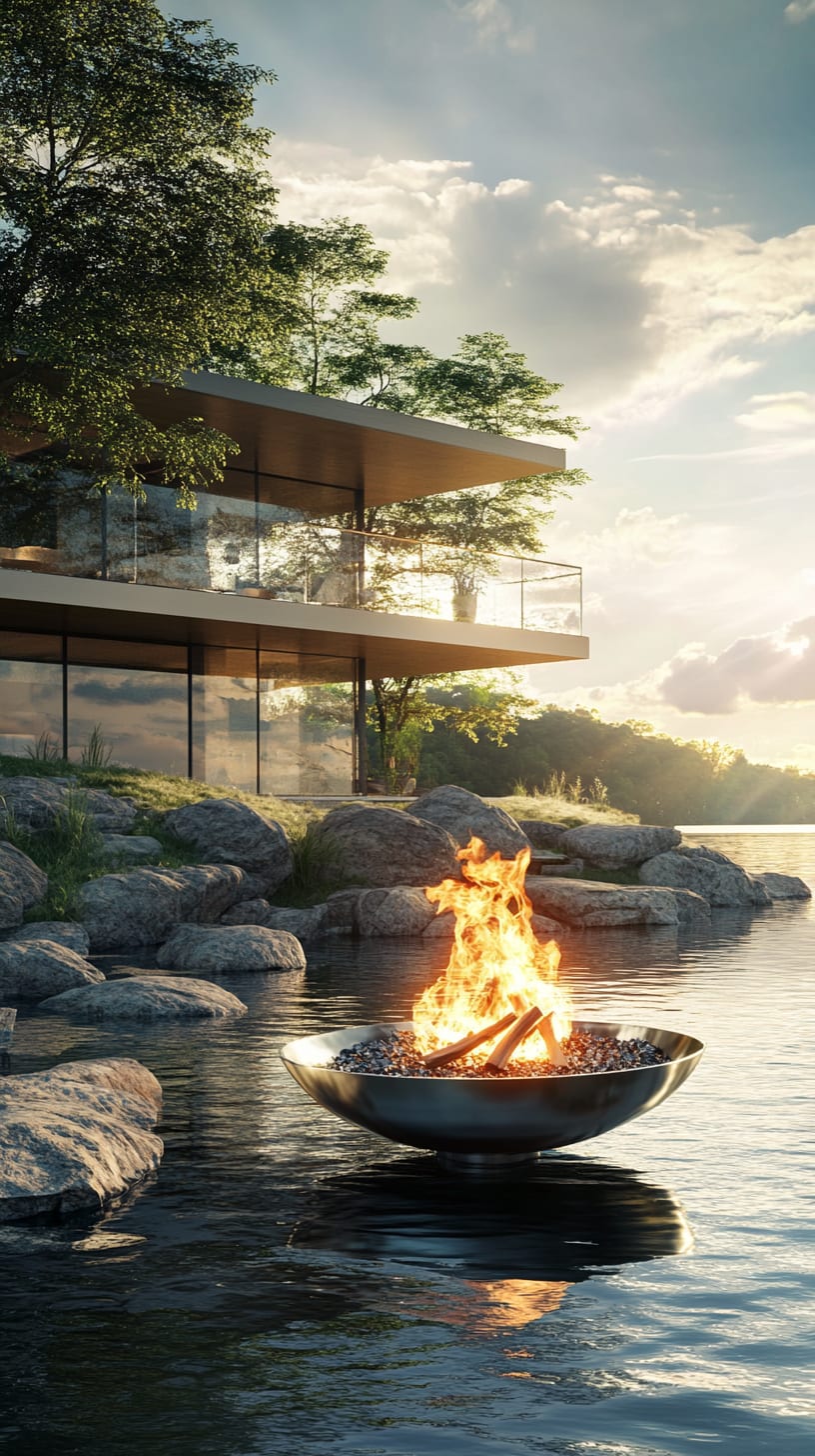 A floating metal fire bowl igniting flames on a serene lake, alongside a modern wooden and glass house, surrounded by trees and rocks, capturing a tranquil sunset atmosphere.