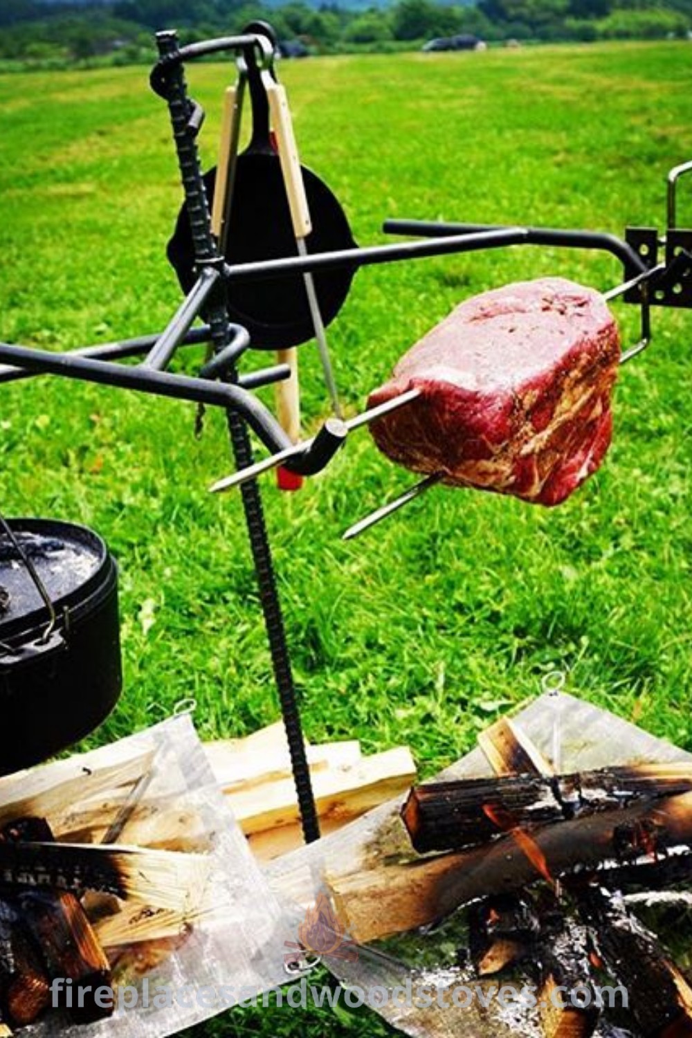 An outdoor grill with meat sizzling on it amidst a grassy field, surrounded by logs, showcasing cozy campfire ideas and bushcraft cooking. Enhance your backyard with stylish and functional outdoor setups at patioandhomefurniture.com.