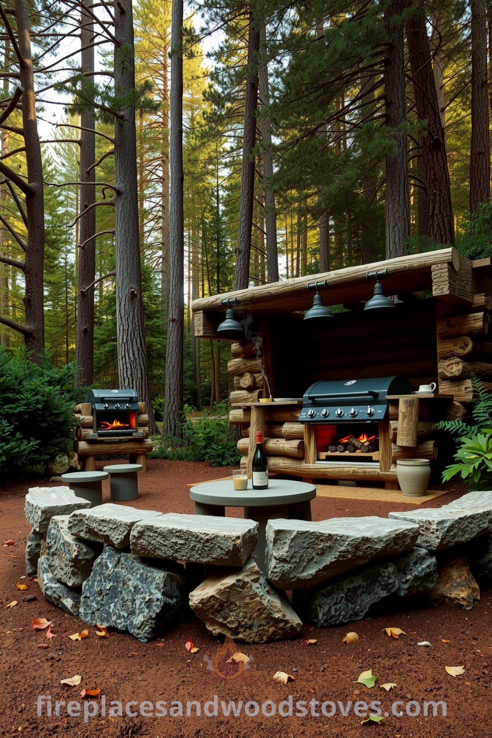 Log-built outdoor barbecues surrounded by tall pines and lush greenery in a wild forest, featuring a rustic seating area of stones, inviting a cozy gathering space for friends to enjoy cooking and sharing stories under a starry sky, inspired by cozy ideas from fireplacesandwoodstoves.com.