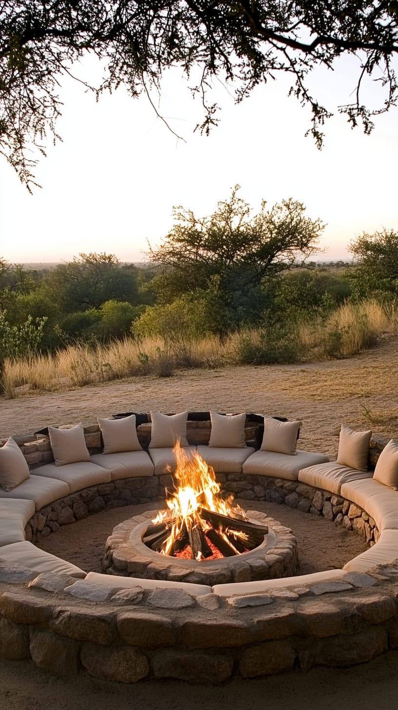 A cozy fire pit surrounded by comfortable seating and cushions in the African savannah at dusk, with a tranquil landscape and inviting atmosphere for gatherings.