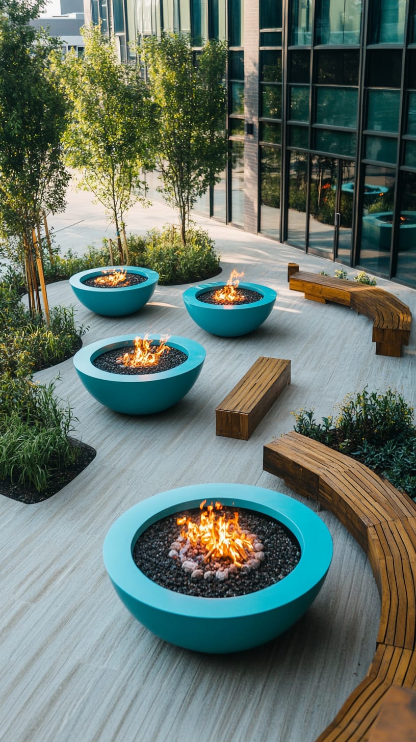 A vibrant outdoor terrace featuring turquoise fire pits surrounded by wooden seating and greenery in a contemporary setting.