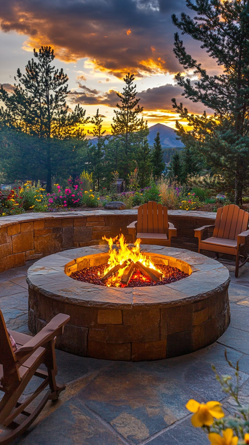 A cozy circular fire pit surrounded by wooden chairs, set against a stunning mountain view at sunset, enhancing the natural beauty of the outdoor space.