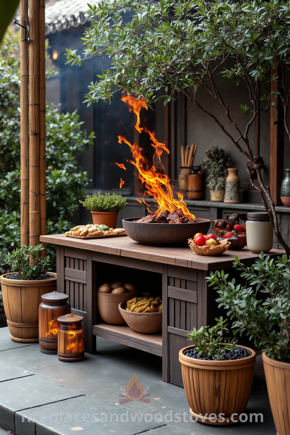 Rustic Japanese Zen outdoor barbecue on a smooth stone patio, surrounded by bamboo planters and lush greenery, with flickering wood-fired flames creating a warm, inviting atmosphere, perfect for al fresco dining ideas and cozy home inspirations at fireplacesandwoodstoves.com.