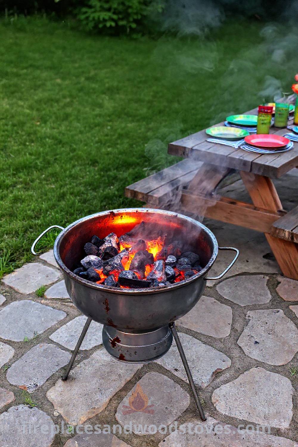 Classic charcoal grill on a stone patio surrounded by glowing charcoal, a colorful picnic table for gatherings, and the warm atmosphere of summer evenings, providing incredible ideas for transforming your backyard. Visit patioandhomefurniture.com for stylish outdoor inspirations.