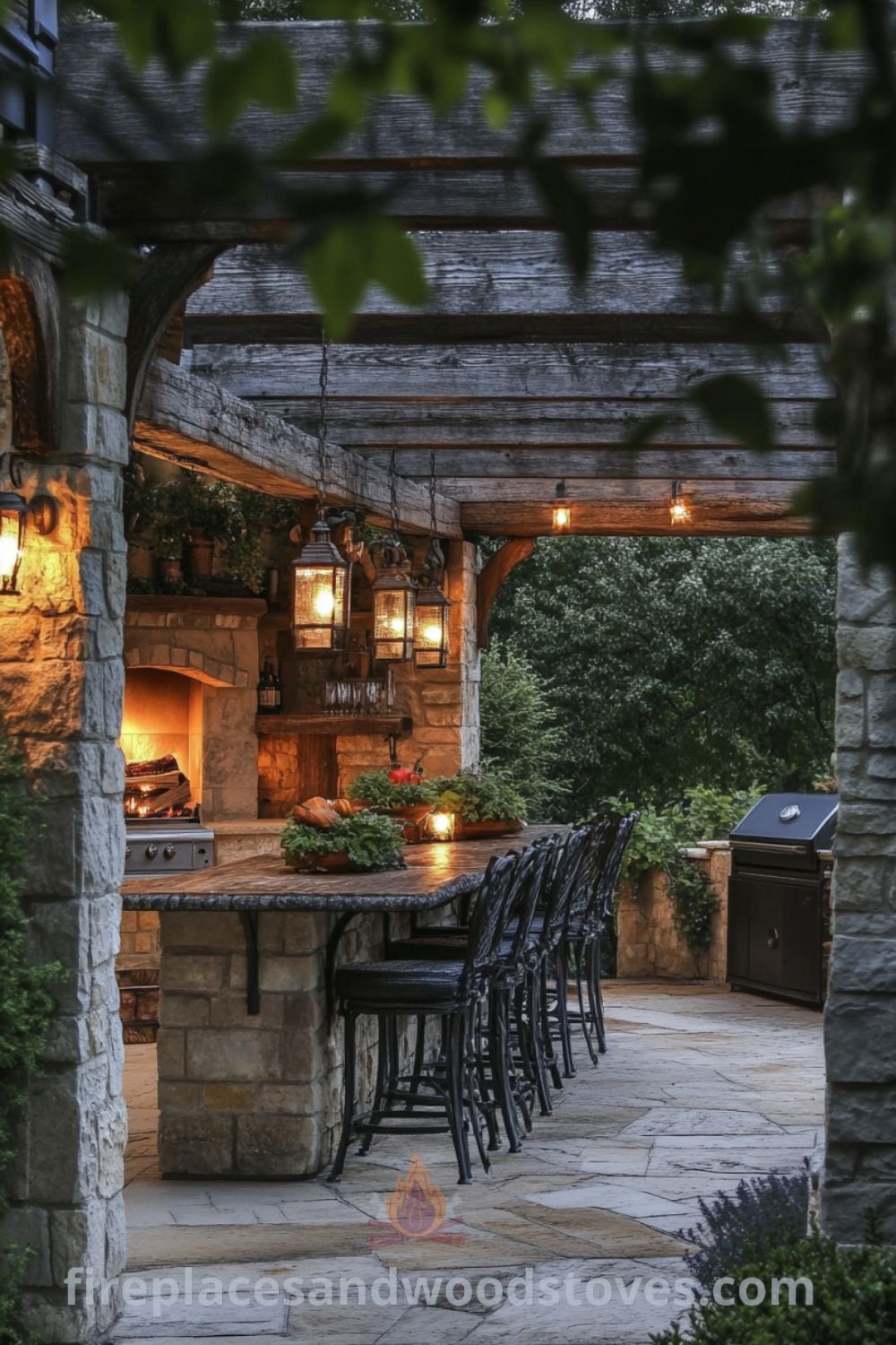 Covered patio kitchen on fireplacesandwoodstoves.com, showcasing a cozy grilling area, rustic design elements, and inspiring backyard ideas for outdoor dining and modern outdoor living.