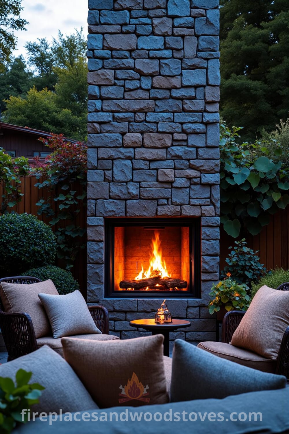 Sunken patio with a charming recessed stone fireplace, cozy seating with plush cushions, and lush greenery, creating an inviting atmosphere under the starlit sky, inspiring cozy home decor ideas for gatherings, available at fireplacesandwoodstoves.com.