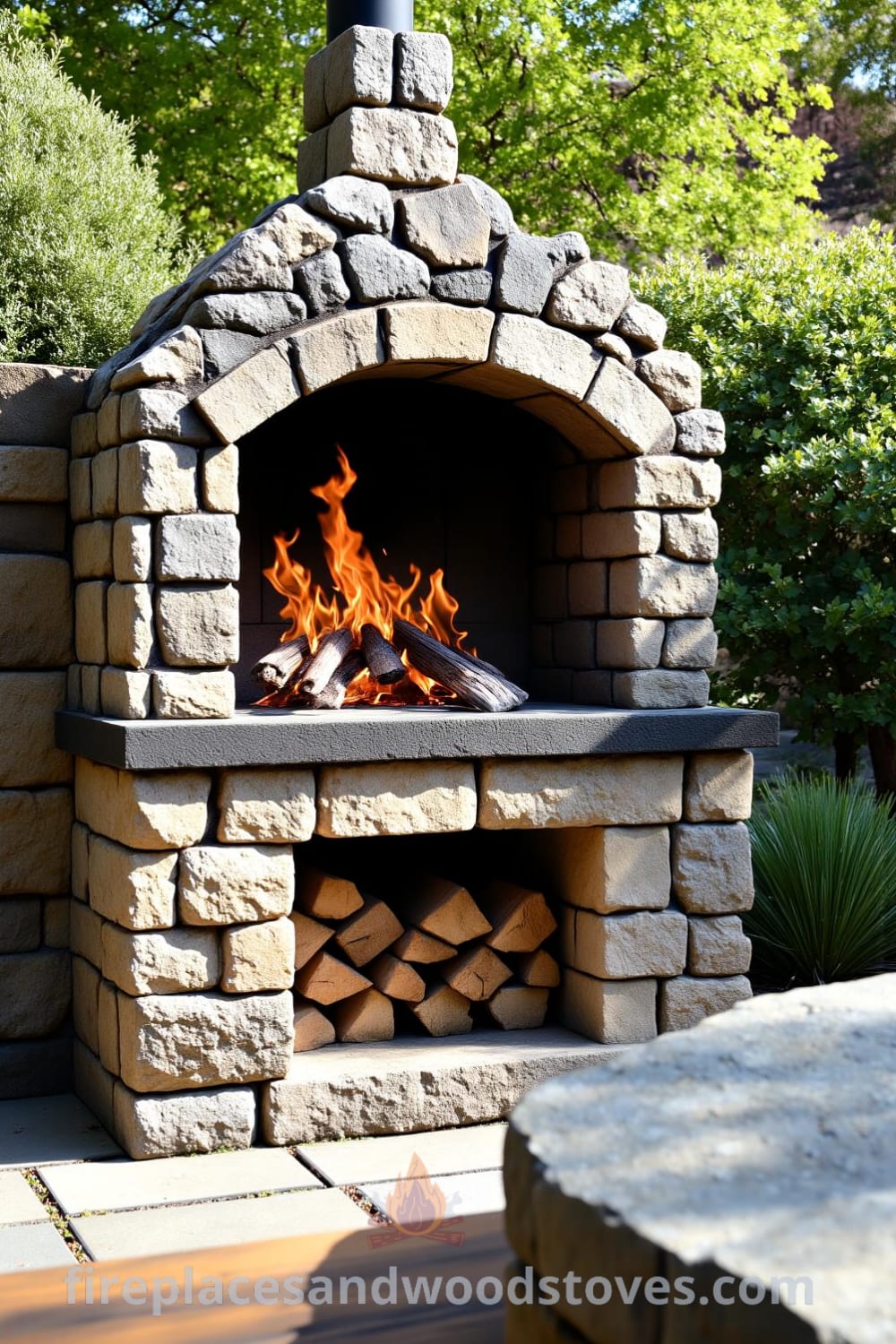 Rustic stone outdoor barbecue in a sunlit garden, designed to blend seamlessly with nature, featuring a crackling wood fire and surrounded by lush plants, offering unique ideas for outdoor gatherings. Visit fireplacesandwoodstoves.com for cozy ideas and decor inspirations.