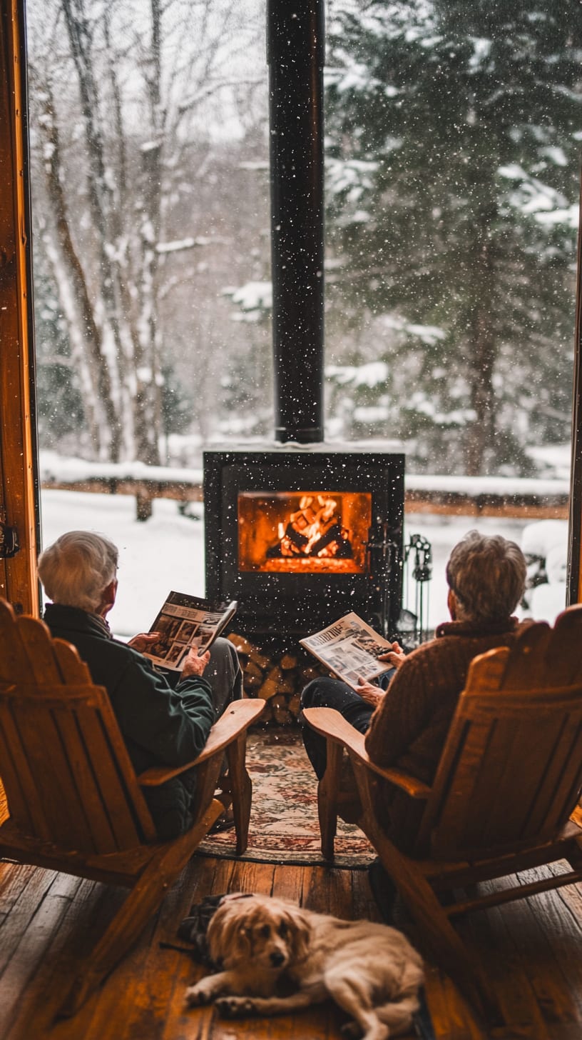 An elderly couple sitting in wooden chairs by a fireplace, reading, with a dog sleeping beside them in a cozy cabin interior during a heavy snow outside.