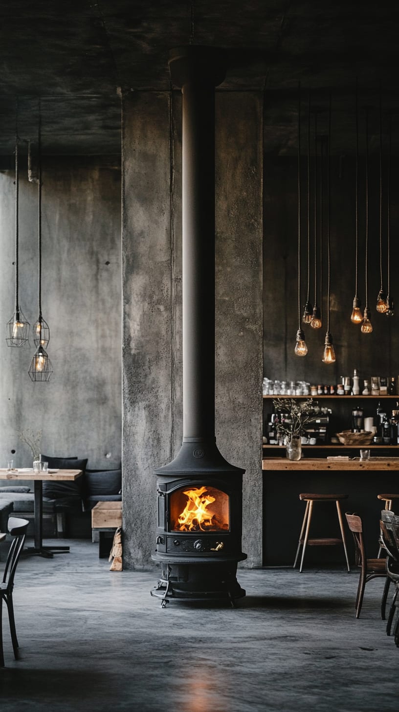 A black wood stove positioned centrally in an industrial-style restaurant with concrete walls, dark grey floors, wooden tables, and warm ambient lighting.