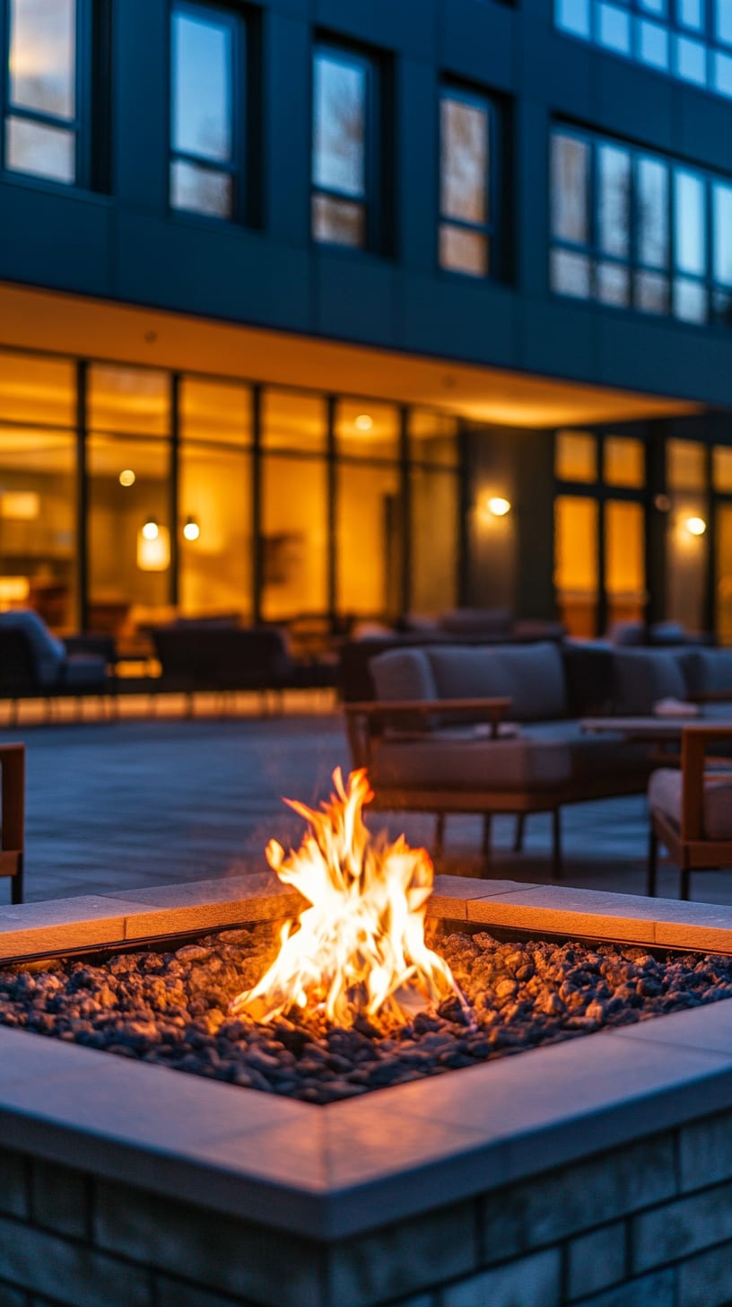 A modern hotel courtyard with a cozy fire pit, warm lighting from windows, and guests enjoying their time outdoors at night.