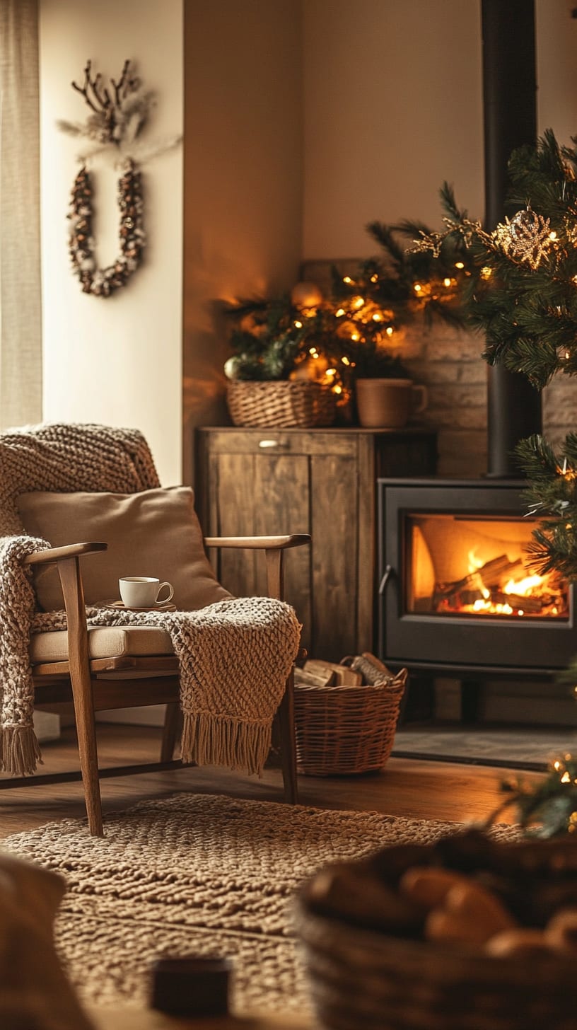 A cozy living room with a wood-burning stove, an armchair, festive decorations, and warm earthy colors, creating a festive atmosphere for winter relaxation.