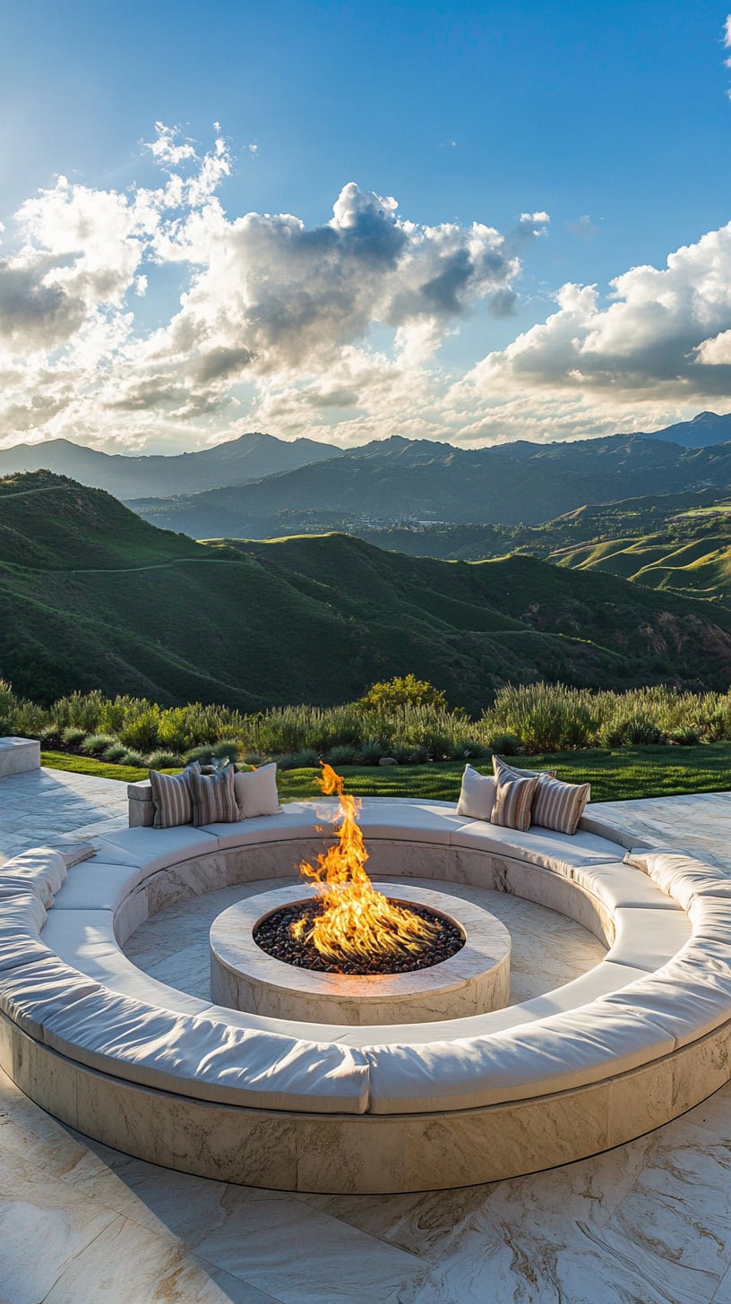 An outdoor fire pit surrounded by circular seating, set against rolling hills and blue skies, creating a serene space for socializing.