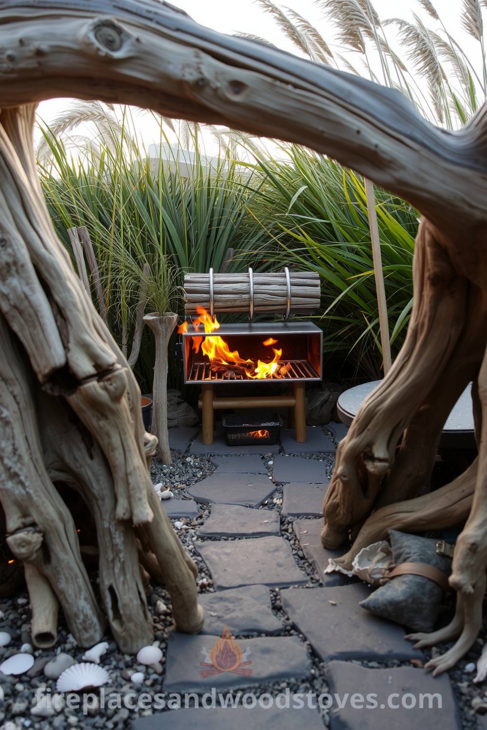 Coastal barbecue setting with sun-bleached driftwood framing a stone path and a warm, crackling fire, complemented by seashells and coastal grasses, providing cozy decor ideas for your home on fireplacesandwoodstoves.com.