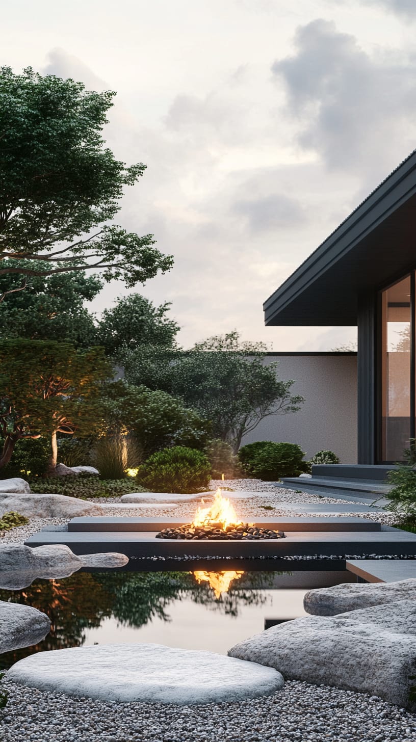 A modern minimalist house with a Japanese Zen-inspired garden, featuring a fire pit, large flat stones, and a tranquil pond.