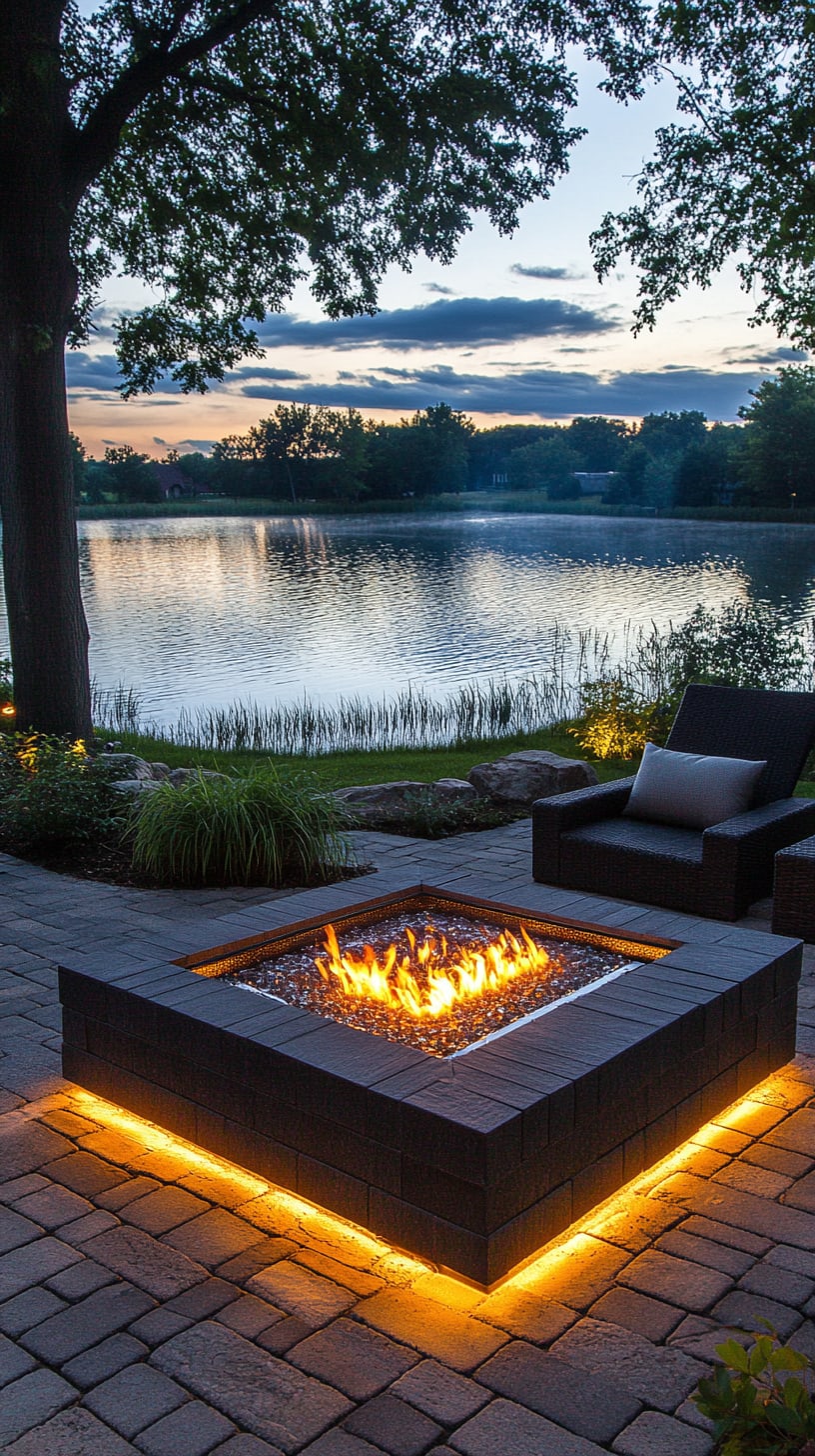 A modern square fire pit with LED lights surrounded by comfortable seating on a brick patio near the lake at dusk, with trees and a cloudy sky overhead.