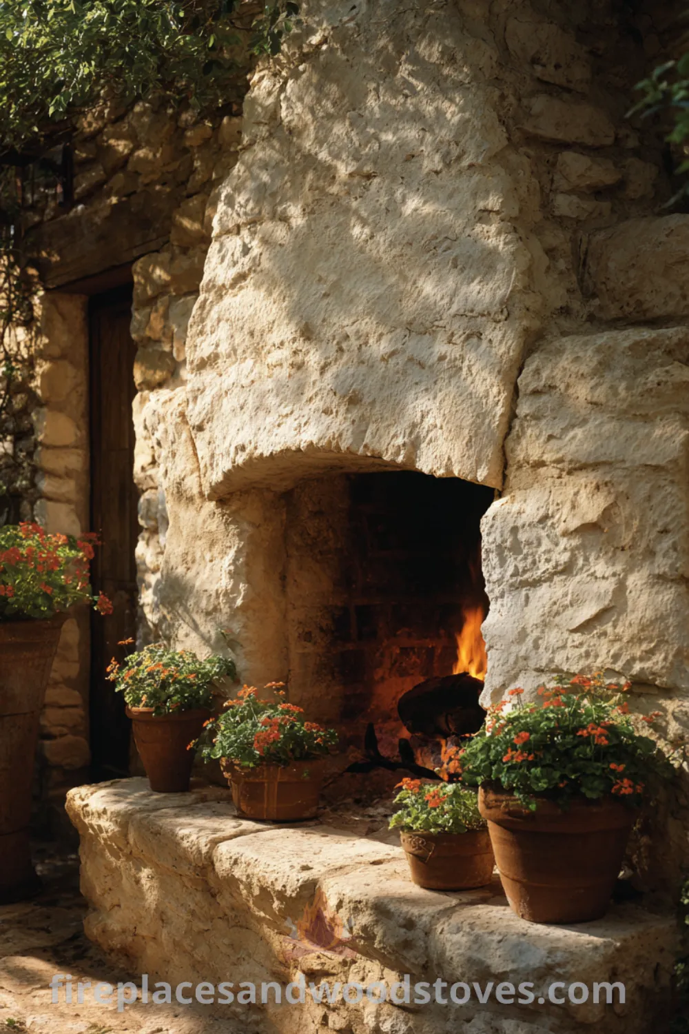 Charming Provencal outdoor hearth surrounded by terracotta pots, rustic stone fireplace outdoor, wood burning fireplace outdoor, and cozy outdoor evenings.