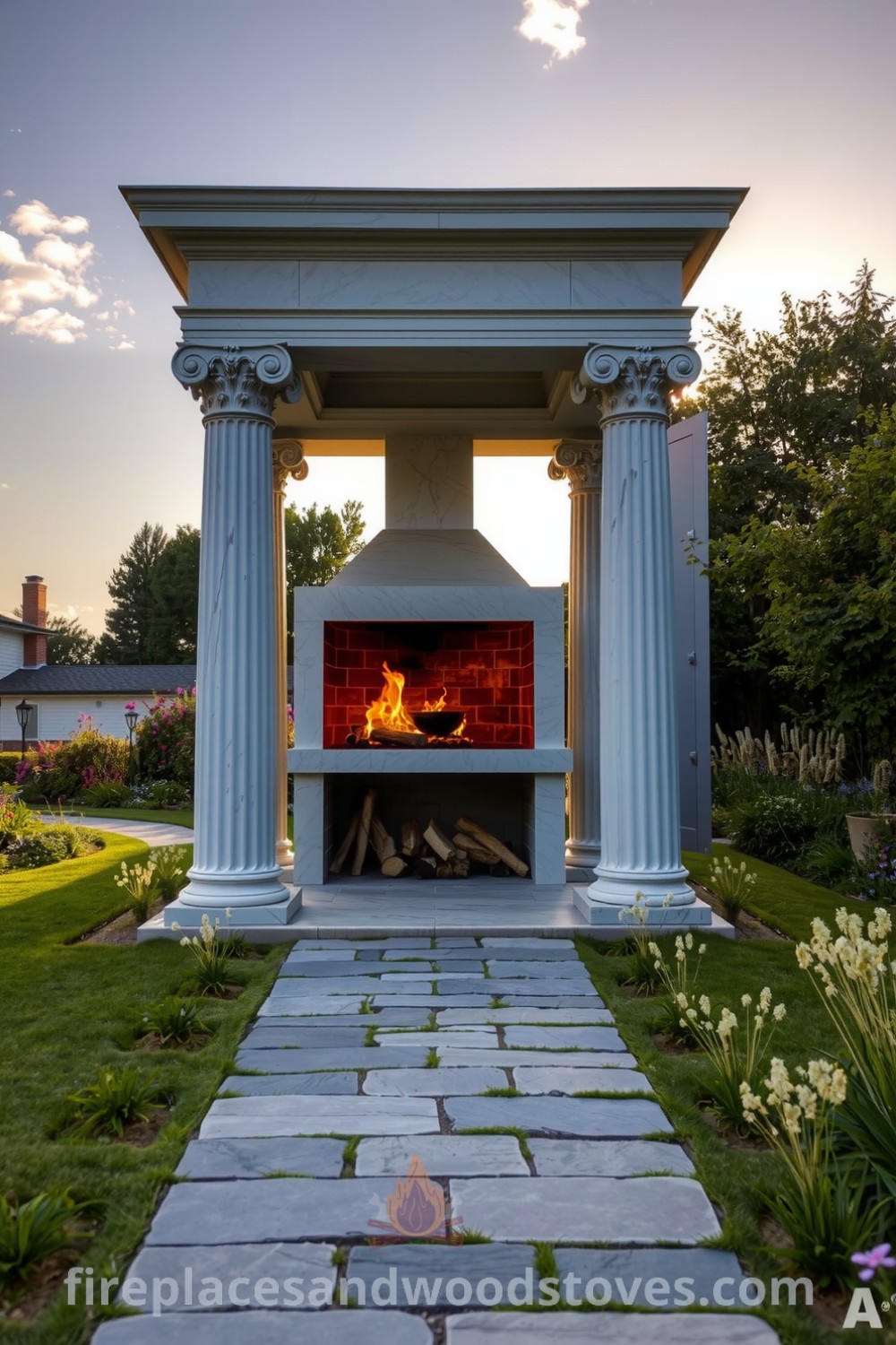 Neoclassical outdoor barbecue in a sunlit garden with grand columns, charred wood on the grill, surrounded by patches of grass and wildflowers, on a rustic stone path, embodying cozy ideas and decor inspirations for your home, visit fireplacesandwoodstoves.com.