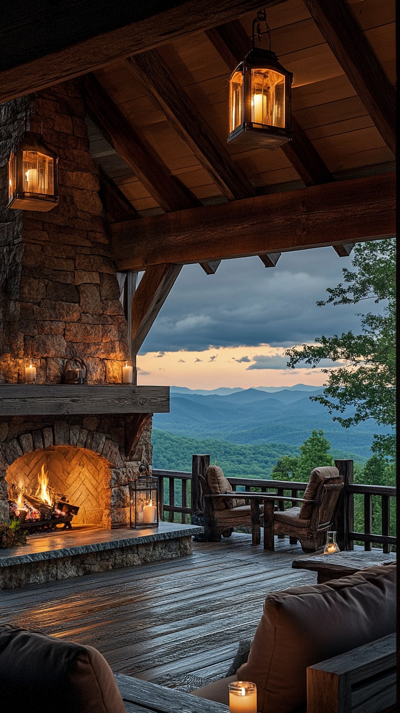 A cozy mountain cabin porch featuring a stone fireplace, hanging lanterns, and scenic views of the Appalachian Mountains at dusk.