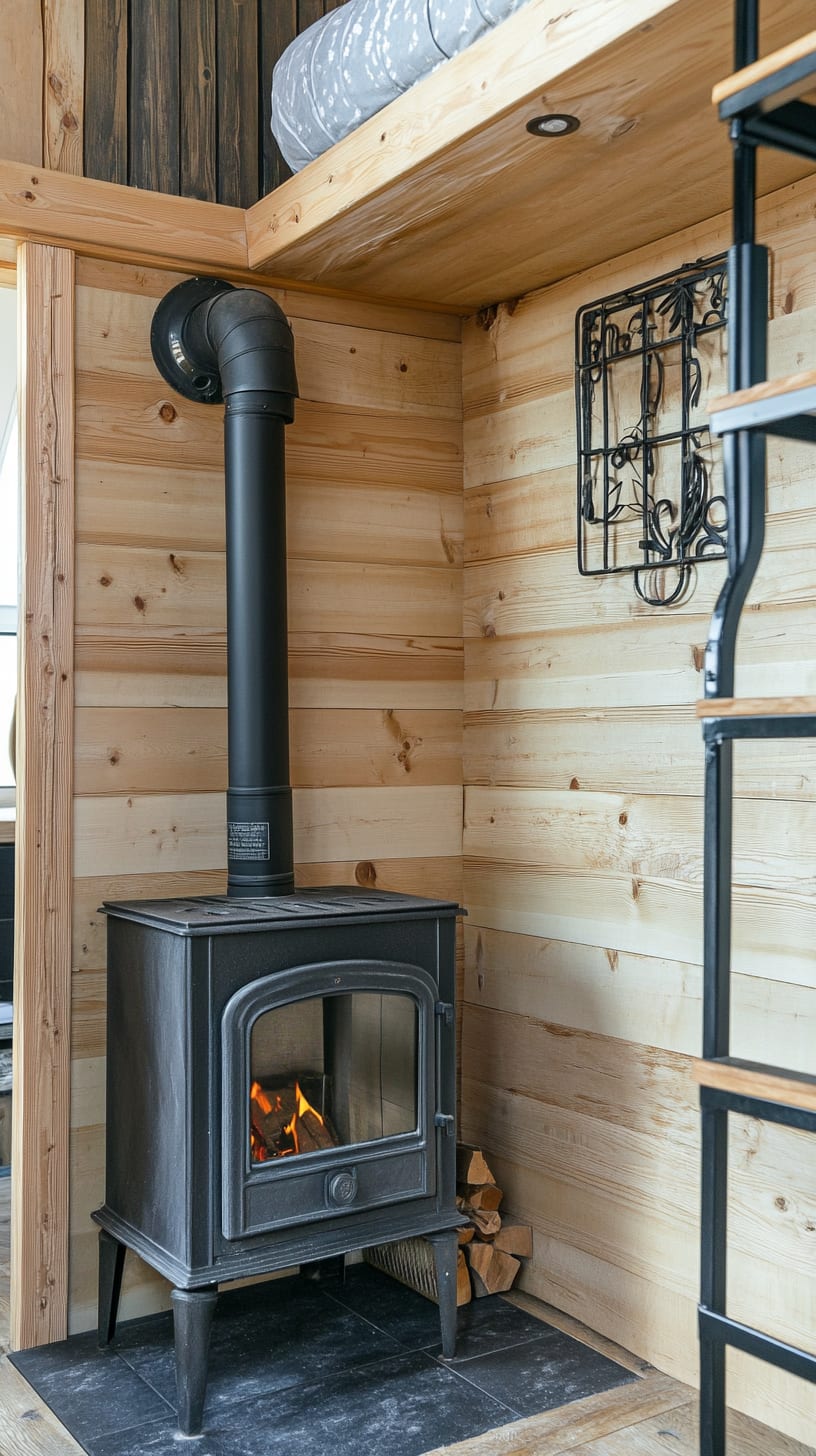 A cozy tiny house interior showcasing a small black wood stove with a chimney, a wooden ladder leading to a loft bed, warm wood walls, and natural light flooding the space.
