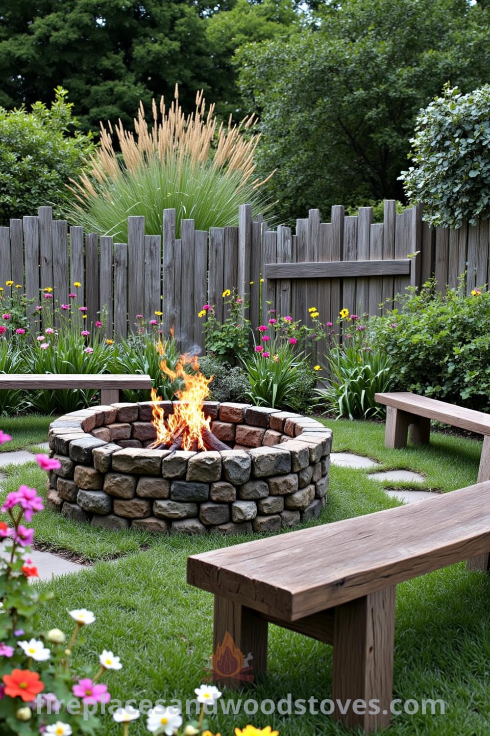 Stone fire pit in a lush garden surrounded by wildflowers and tall grasses, with benches inviting guests to gather around the warm flames, creating a cozy atmosphere, ideal for outdoor gatherings, seen at fireplacesandwoodstoves.com.