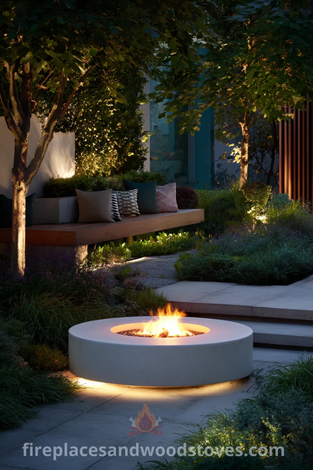 Modern fire pit glowing warmly in a meticulously landscaped area, featuring minimalist design, subtle ambient light, and contemporary outdoor living space.