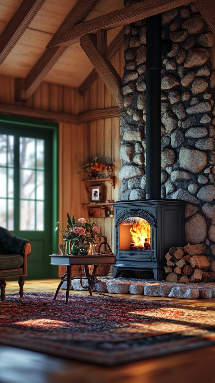 A cozy rustic cabin interior featuring a black wood stove, stone fireplace, wooden walls, and green doors, adorned with flowers and warm lighting creating an inviting atmosphere.