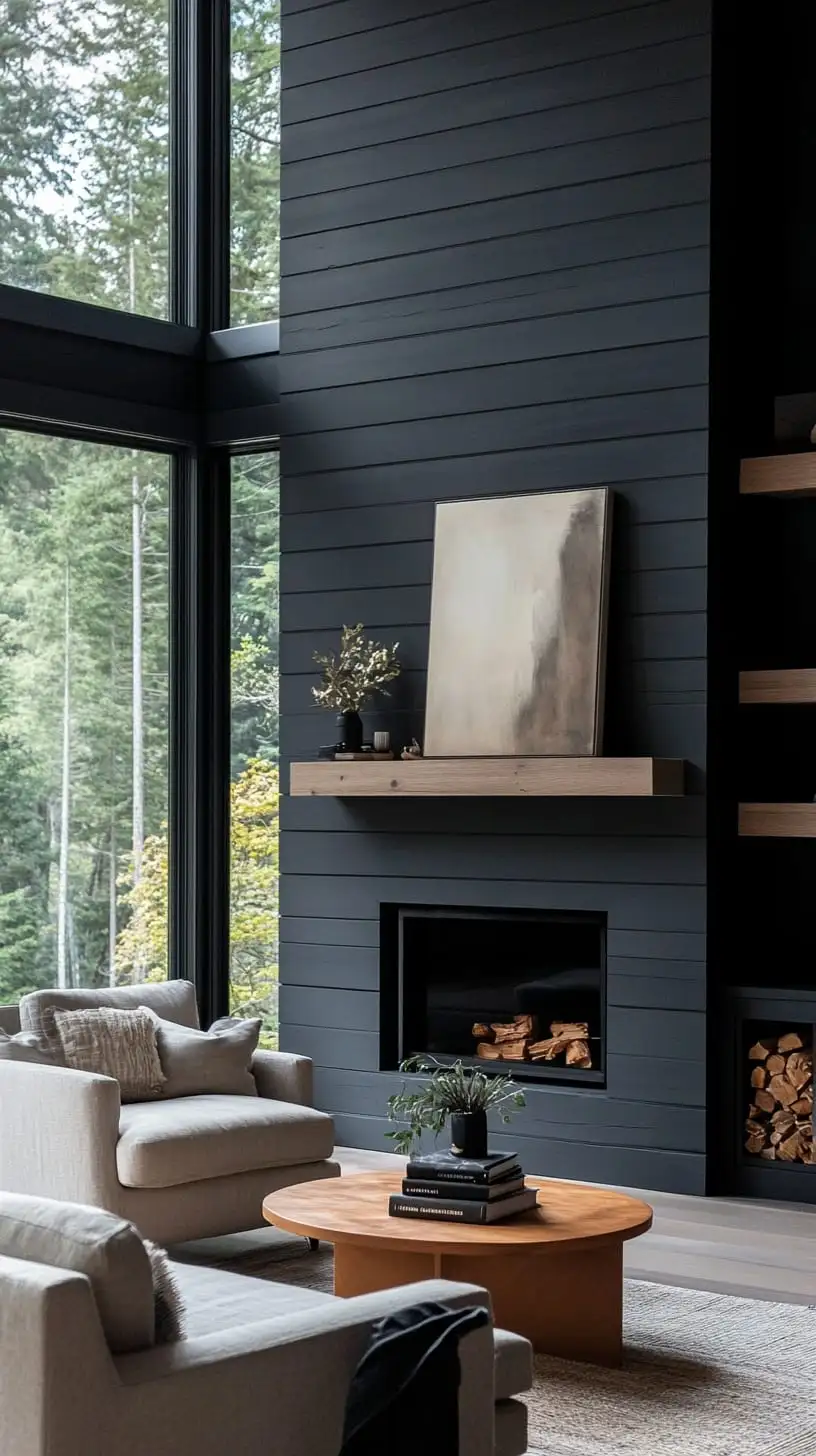 A modern living room featuring a black shiplap fireplace wall, large windows with a forest view, and contemporary furniture, creating a serene and stylish interior design.
