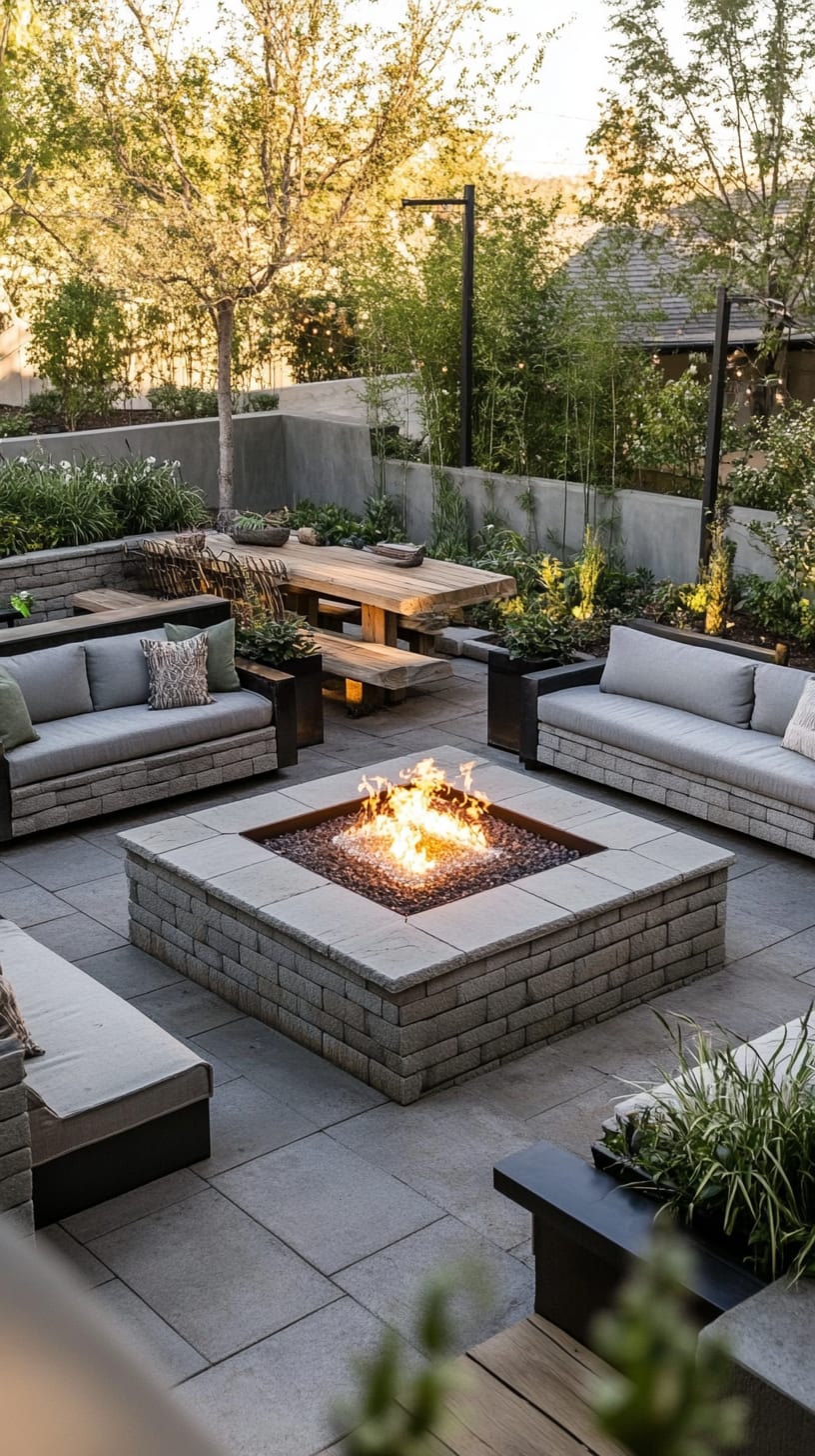 A modern outdoor patio featuring a stone fire pit surrounded by comfortable seating and lush greenery, designed for socializing and relaxation.