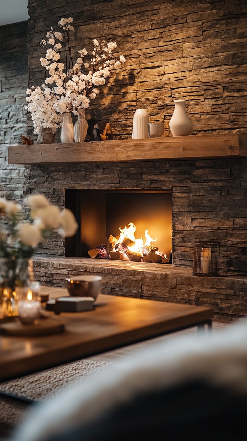 A close-up view of a cozy fireplace in a rustic setting, featuring a warm fire, stone walls, white flower vases, and coffee cups on a wooden table.