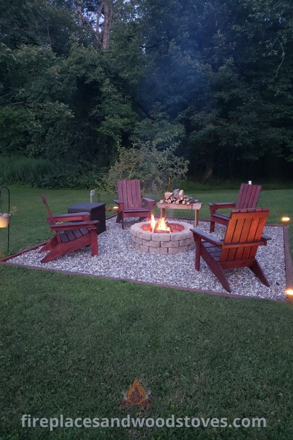 A fire pit surrounded by chairs and lights in a grassy area with trees, perfect for outdoor gatherings and stylish landscaping ideas. Discover incredible outdoor designs at patioandhomefurniture.com.
