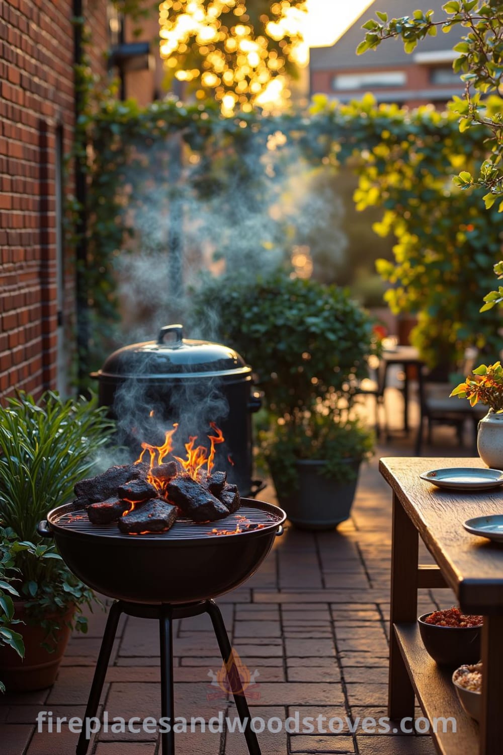 Cozy barbecue on a brick patio with glowing charcoal, wisps of smoke, a rustic wooden picnic table set for gathering, and lush green plants framing the scene, offering design ideas for a warm and inviting outdoor space at fireplacesandwoodstoves.com.