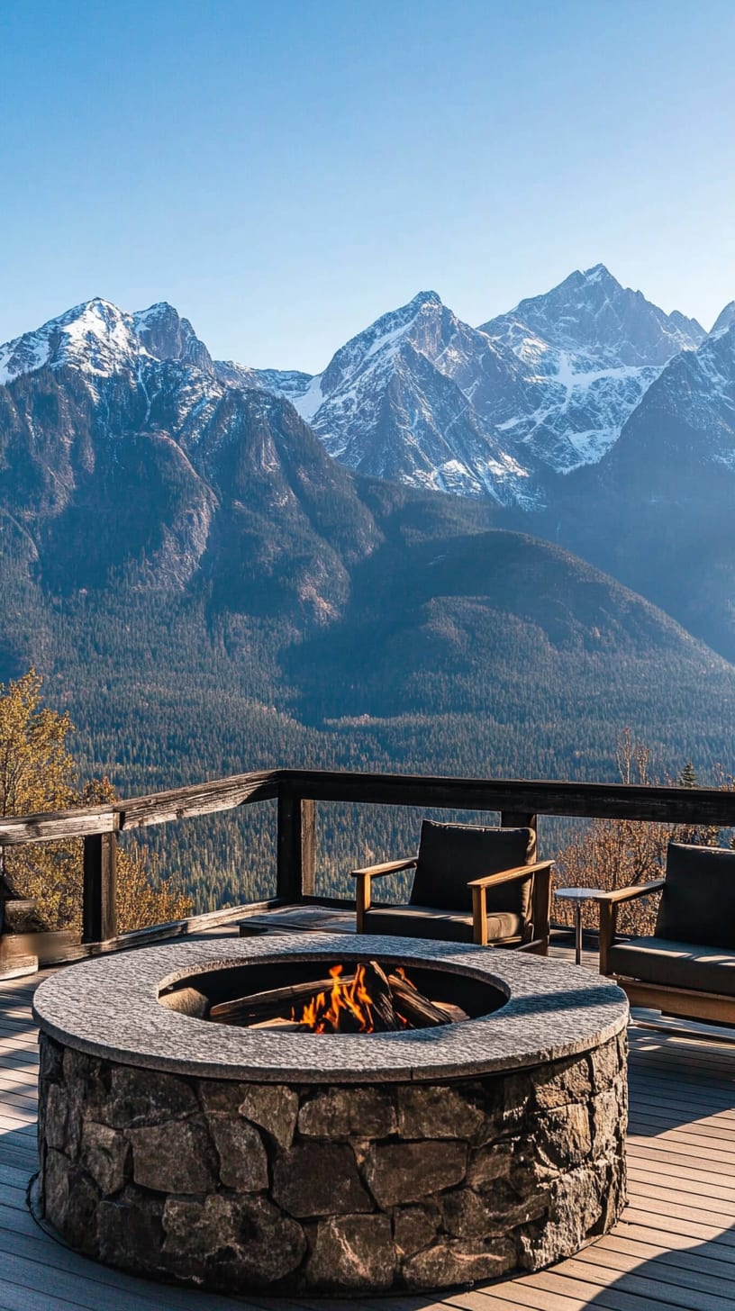A stone fire pit on the deck of a luxurious cabin, surrounded by seating, with stunning views of snow-capped mountains in British Columbia.
