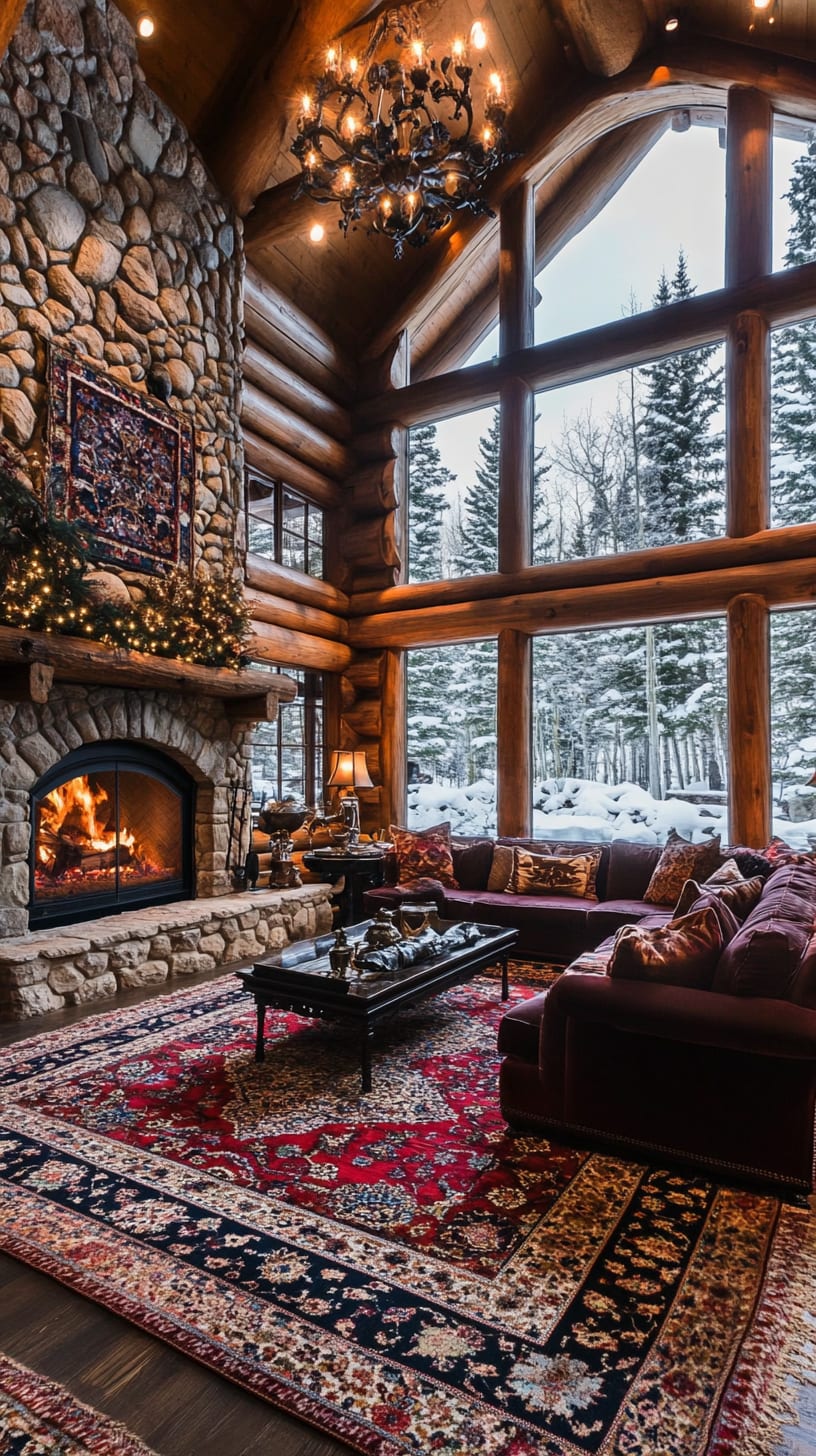 A cozy log cabin living room featuring a stone fireplace, Christmas decorations, large windows with a snow-covered forest view, and a vintage Persian rug on wooden floors.