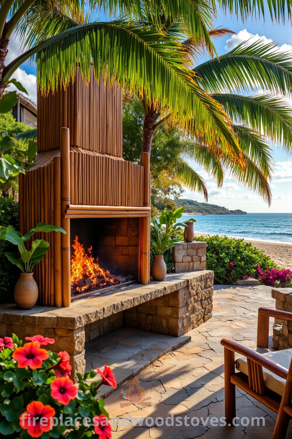 Tropical bamboo barbecue fireplace on a sun-drenched patio with lush greenery and colorful hibiscus flowers, casting a warm glow on uneven stone tiles, creating an inviting outdoor ambiance. Visit fireplacesandwoodstoves.com for cozy ideas and unique inspirations for your home.