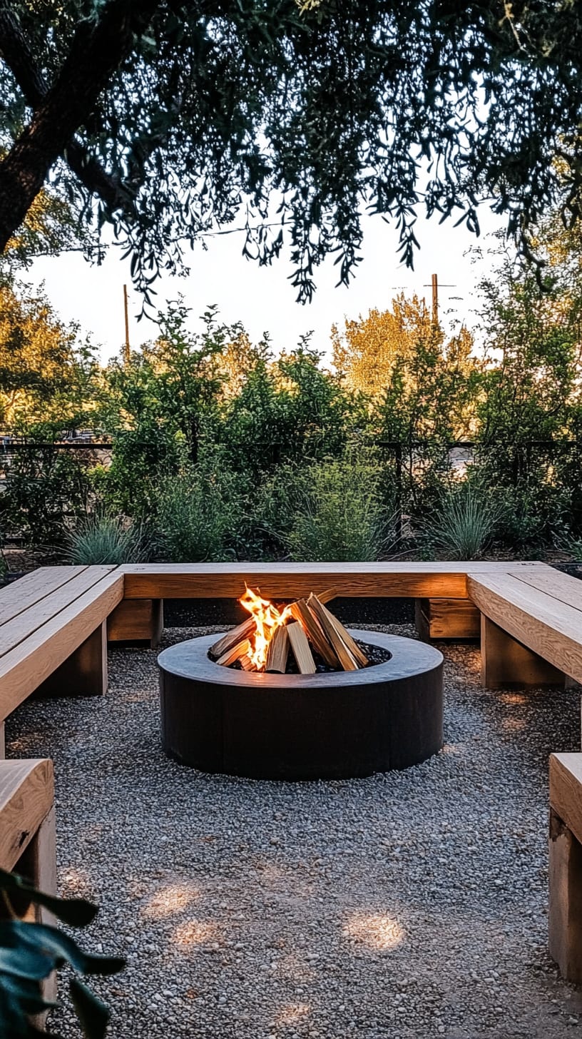 A cozy outdoor fire pit surrounded by rustic wooden benches, set in a lush garden, perfect for gatherings and relaxation.