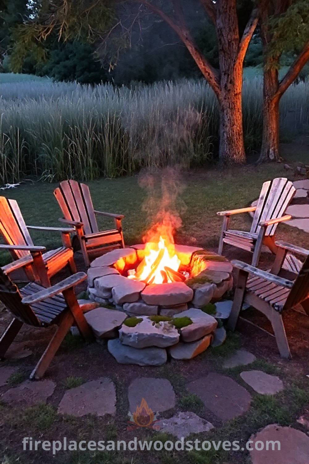 Rustic stone fire pit in a cozy backyard surrounded by mismatched chairs, creating an inviting atmosphere for gatherings, perfect for enjoying warm evenings. Visit patioandhomefurniture.com for ideas that will wow your guests and stylish designs transforming your backyard.