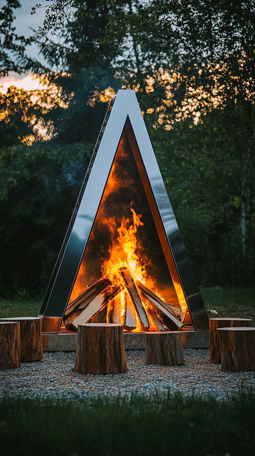 A sleek, stainless steel A-Frame campfire surrounded by lush greenery and warm flames flickering within, creating a cozy outdoor atmosphere during twilight.