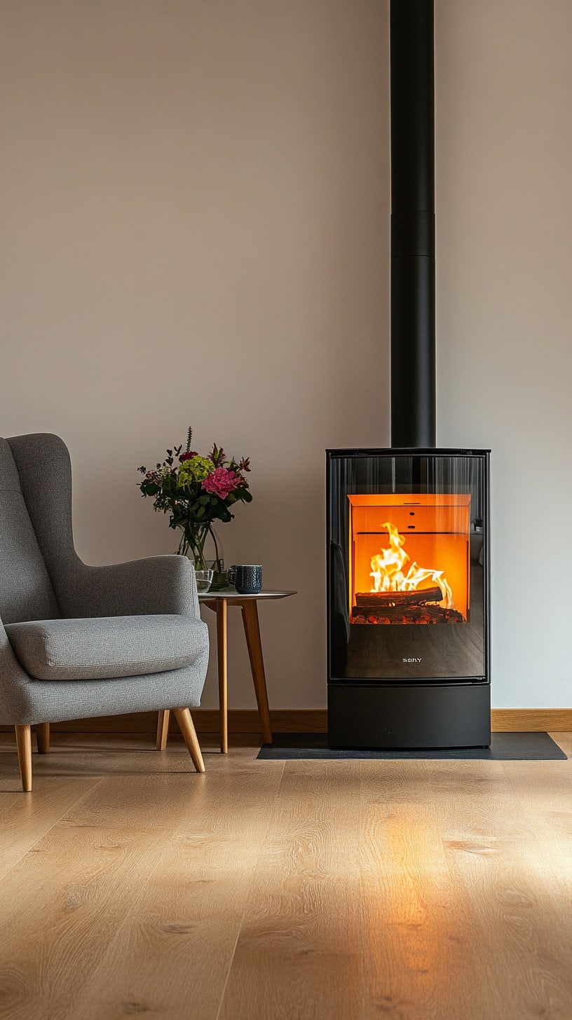 A modern black wood-burning stove positioned in the corner of an open-plan living room with a light wooden floor and a grey armchair, featuring warm lighting and a glowing fire.