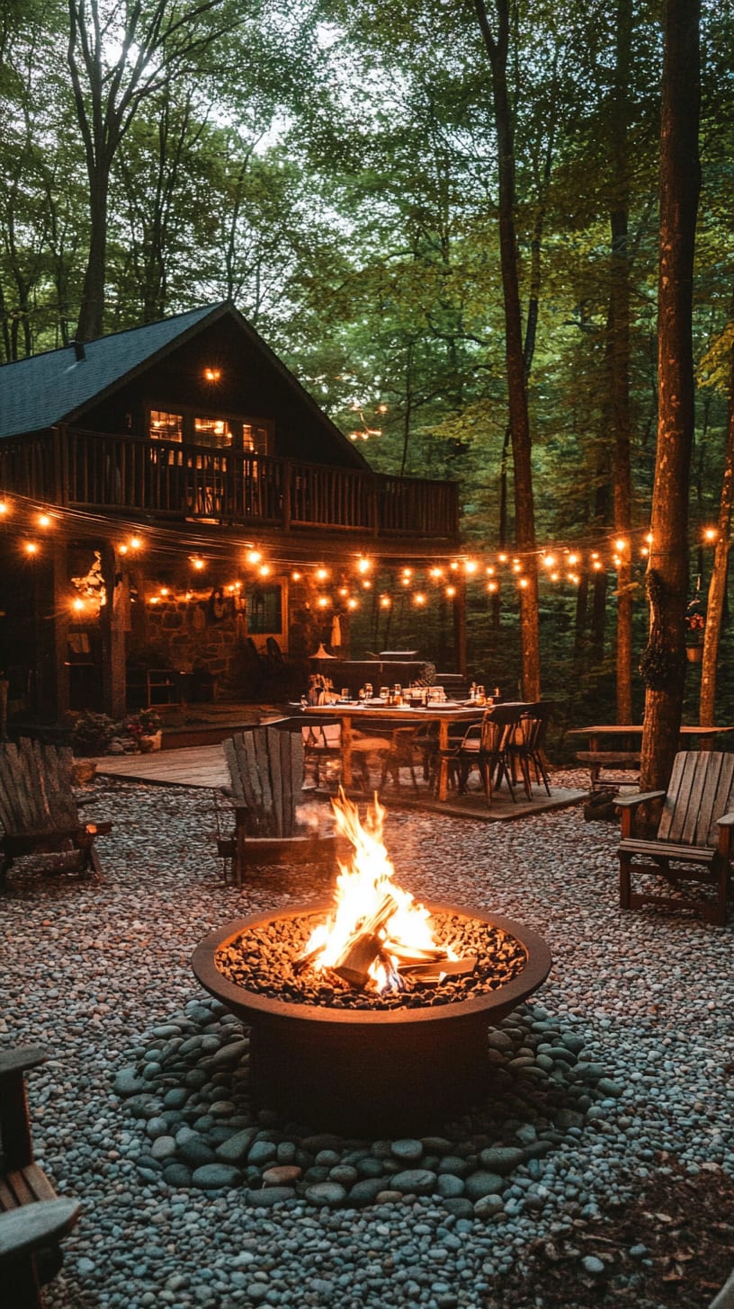A cozy fire pit surrounded by wooden chairs, string lights overhead, and dining tables set up in a forest near an old cabin, creating a warm and inviting atmosphere.