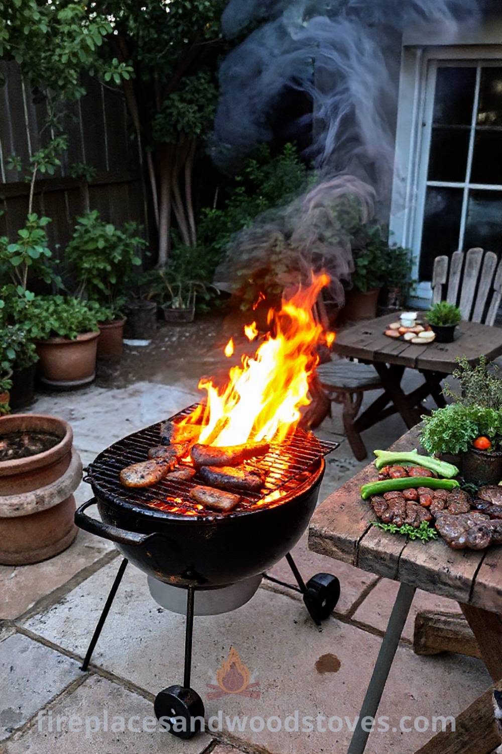 Classic charcoal grill barbecue on a worn patio surrounded by marinated meats, fresh vegetables, potted herbs, and scattered chairs, creating a cozy and stylish outdoor cooking oasis, perfect for entertaining. Visit patioandhomefurniture.com for incredible ideas that will wow your guests.