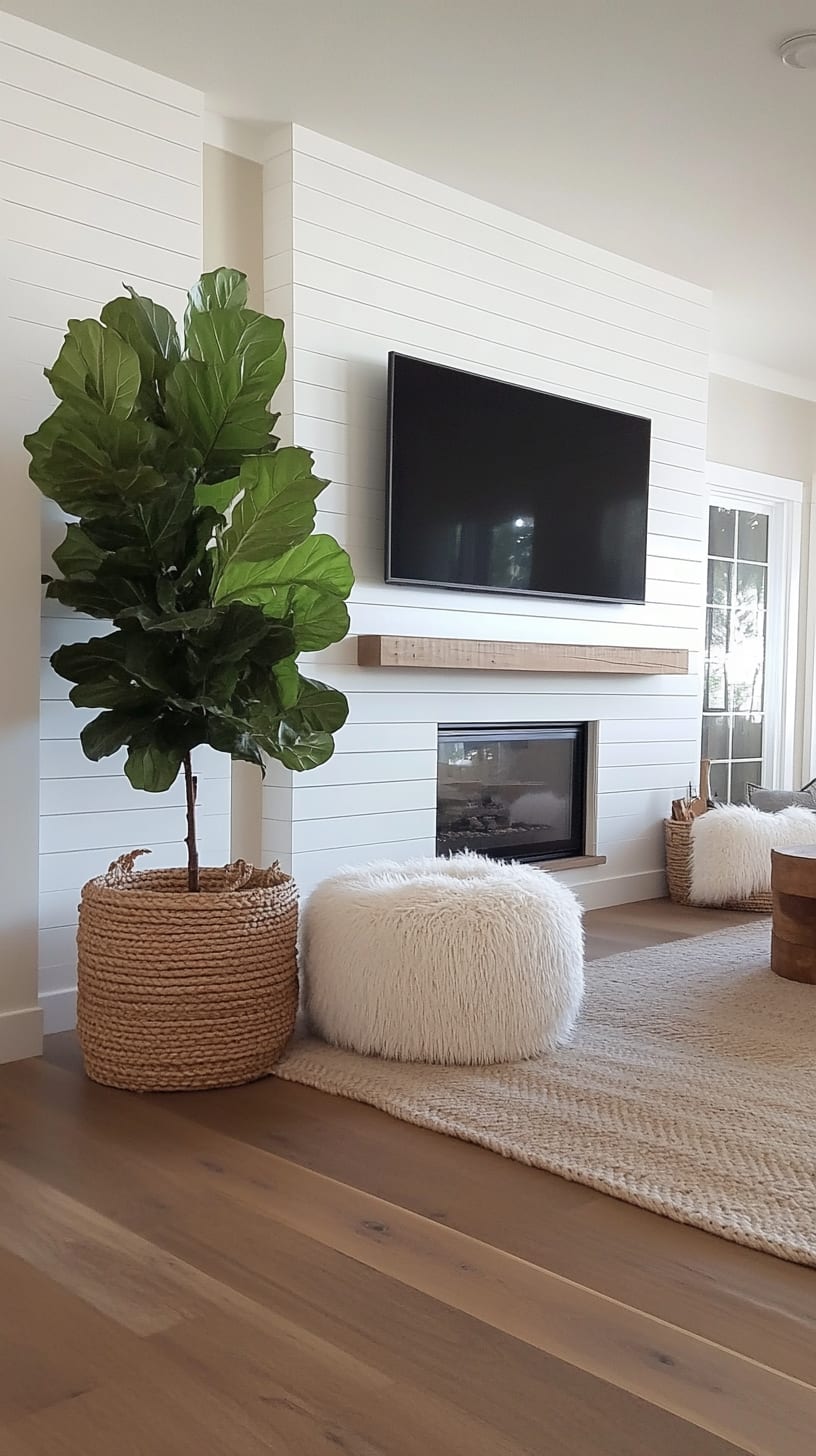 A cozy farmhouse-style living room featuring white shiplap walls, white oak flooring, a fiddle leaf fig tree beside a fluffy ottoman, and a TV above a fireplace.