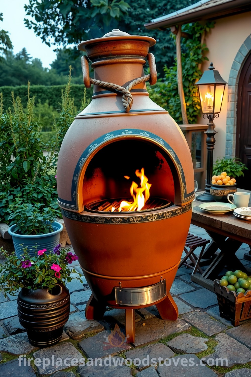 A Bohemian clay outdoor barbecue on a cobblestone patio, surrounded by potted herbs and rustic tables filled with colorful dishes, offering cozy decor ideas for summer gatherings, as seen on fireplacesandwoodstoves.com.