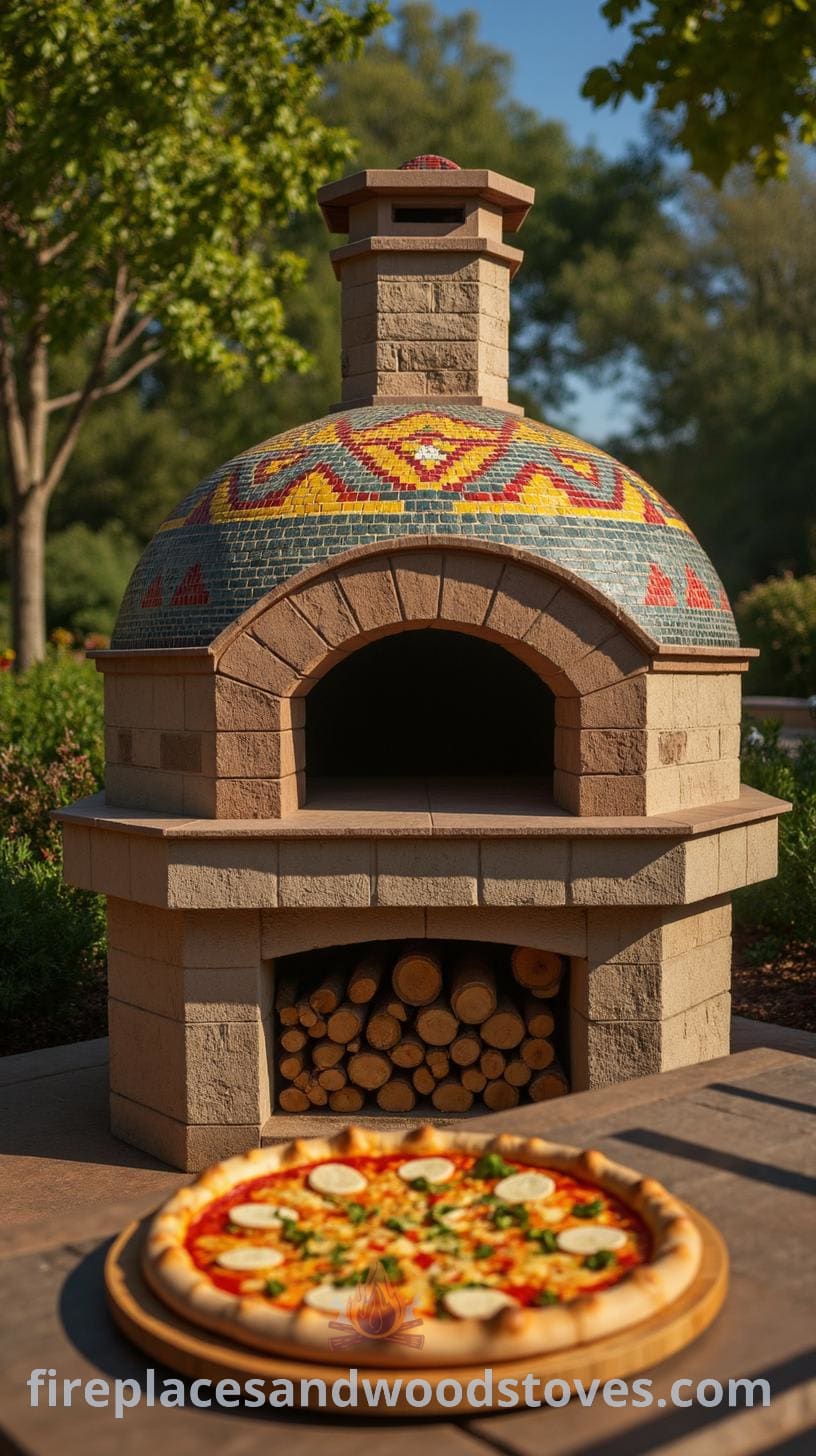 An outdoor pizza oven featuring a colorful tiled dome and stone structure, with a large pizza on a wooden tray in front, set in a beautifully landscaped garden.