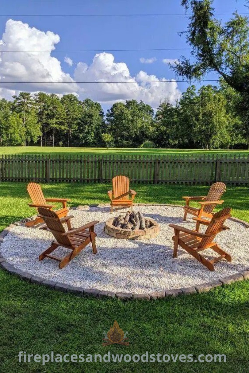 An outdoor fire pit area with brick design and chairs surrounding it, creating a cozy gathering space. Perfect for backyard entertaining and budget-friendly landscaping ideas, discover stylish outdoor fire pit designs at patioandhomefurniture.com.