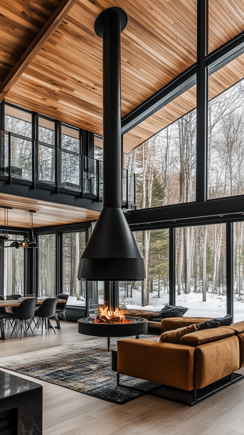 A luxurious modern cabin interior showcasing a black metal suspended fireplace, large glass windows overlooking a serene snowy forest, and warm wood tones throughout.