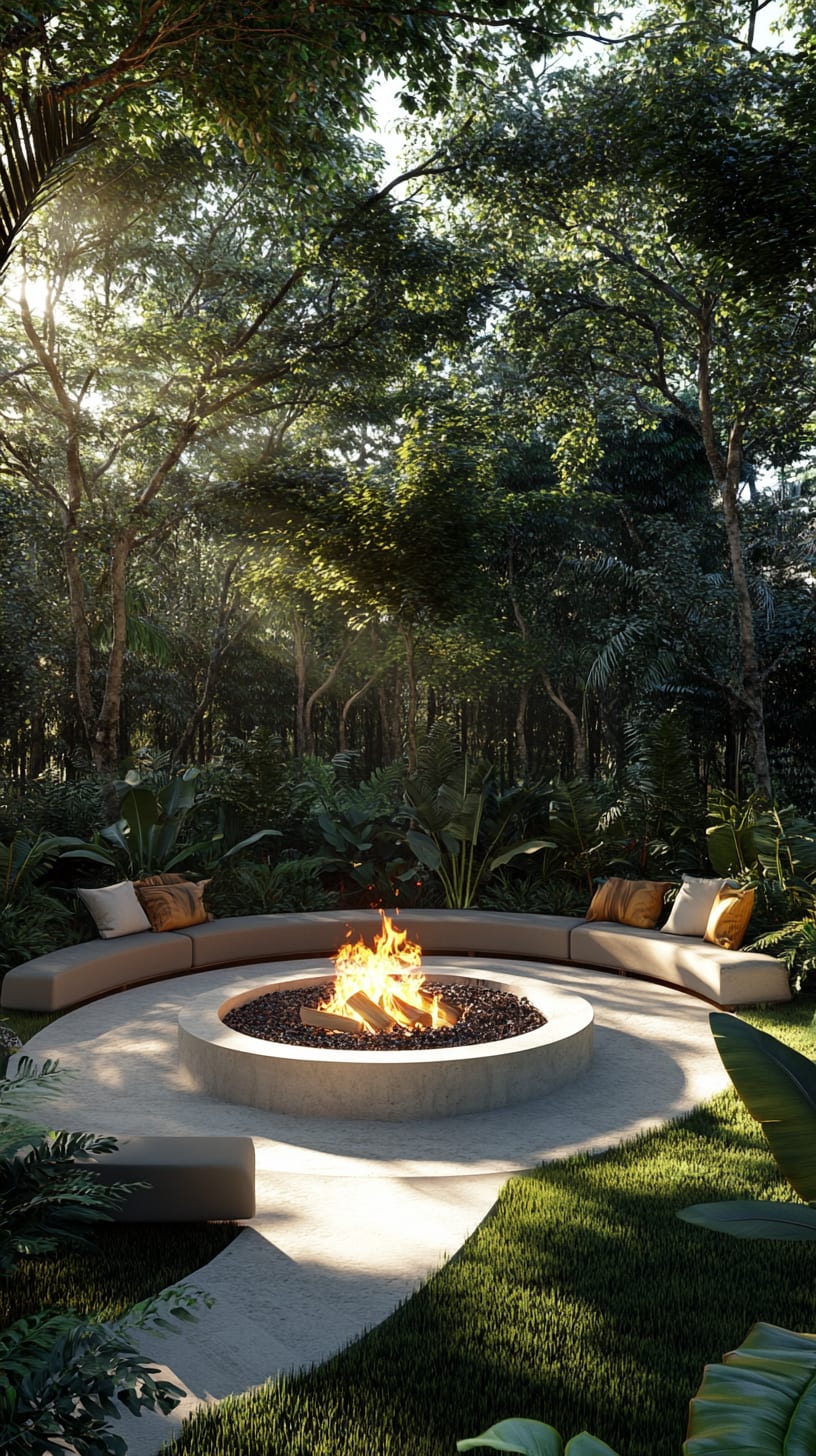 A cozy fire pit surrounded by lush greenery and seating, set in a serene outdoor environment.