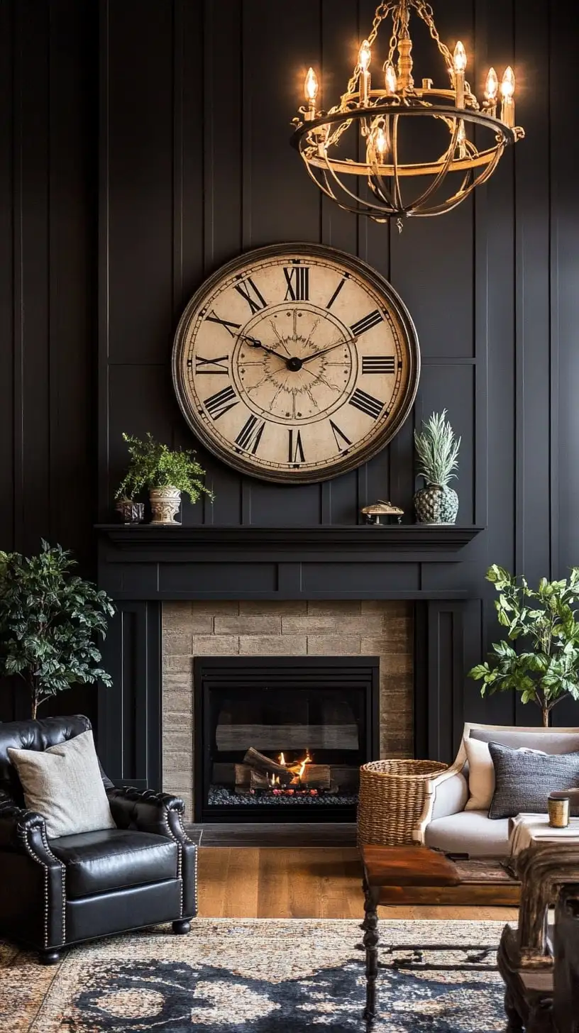 A vintage clock above a fireplace in an elegantly decorated living room with black-paneled walls and comfortable seating.