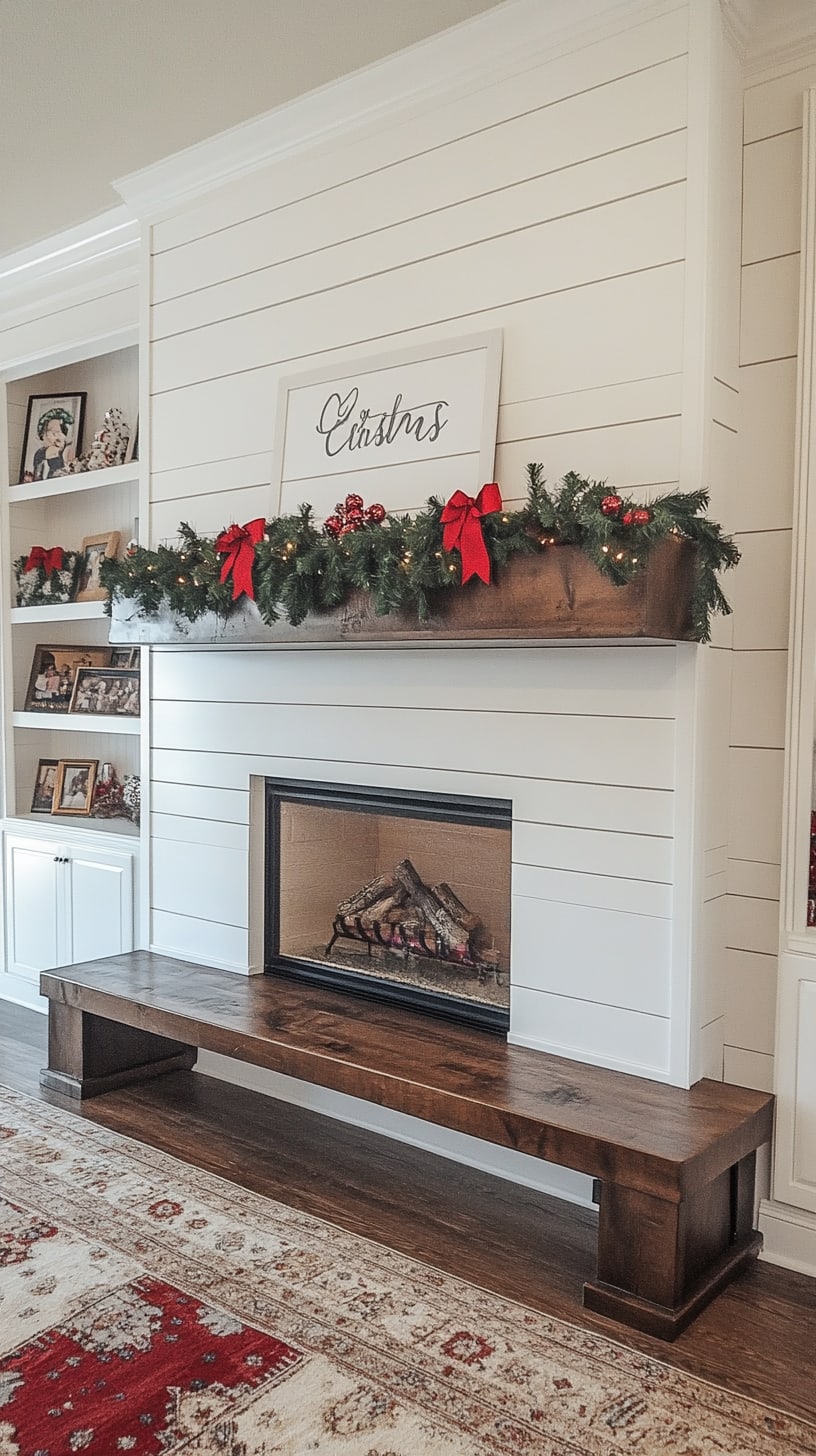 A shiplap fireplace adorned with Christmas decorations, featuring garlands and red bows, alongside a long wooden bench underneath. The room is filled with natural light and a cozy ambiance, perfect for holiday gatherings.