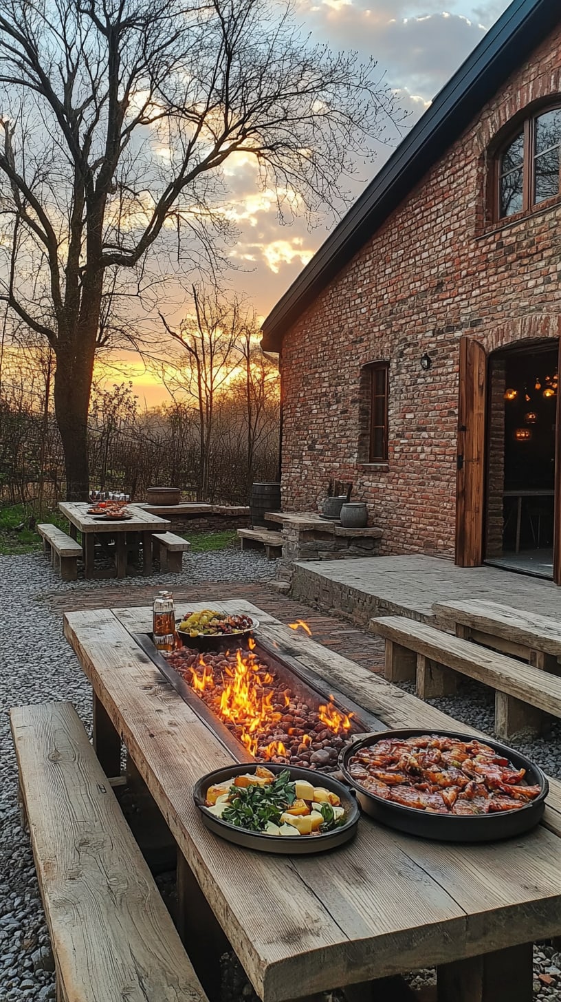 A rustic barn-style house with brick walls and large windows, featuring a vibrant sunset backdrop, wooden benches around a fire pit, and a long table set with various dishes.